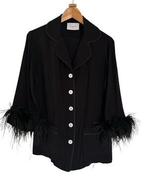 SLEEPER Party PJ Set with Detachable Ostrich Feathers in Black in Size S